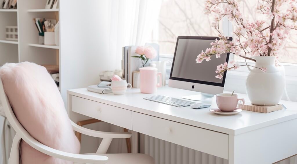 woman white desk with floral accents, and a pink chair